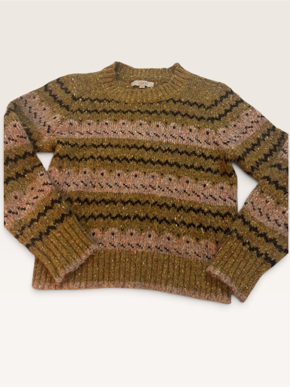 LOFT Olive & Pink Fair Isle Crewneck Sweater size large